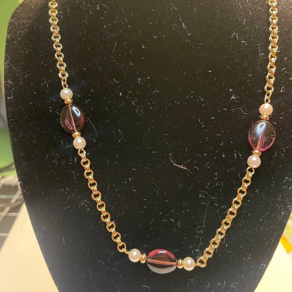 Avon Vintage Faux Pearl necklace purple glass gold tone chain
